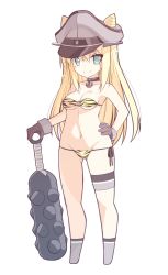 Rule 34 | 10s, 1girl, animal print, bare shoulders, bismarck (kancolle), blonde hair, blue eyes, blush stickers, bra, breasts, choker, club, club (weapon), groin, hand on own hip, hat, highres, horns, kanabou, kantai collection, looking at viewer, navel, ohta yuichi, oni, panties, side-tie panties, smile, solo, strapless, strapless bra, tiger print, underwear, underwear only, weapon