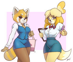 Rule 34 | 10s, 2017, 2girls, aggressive retsuko, animal crossing, animal ears, bag, black eyes, blonde hair, blue jacket, blue skirt, blush stickers, bow, breasts, business suit, clipboard, covered navel, dated, dog ears, dog tail, female focus, formal, furry, furry female, half-closed eyes, hand up, hands up, highres, isabelle (animal crossing), jacket, long sleeves, looking at viewer, medium breasts, multiple girls, navel, nintendo, office lady, open mouth, panda ears, pantyhose, pen, pink background, red bow, retsuko, secretly saucy, shirt, short hair, short sleeves, signature, simple background, skirt, smile, standing, suit, tail, text focus, two-tone background, white background, white shirt