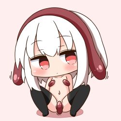 Rule 34 | 1girl, black thighhighs, blush, brown background, chibi, closed mouth, collarbone, commentary request, hair between eyes, hana kazari, head tilt, living clothes, long hair, looking at viewer, navel, no shoes, nude, original, red eyes, shadow, shokushu-chan, sidelocks, sitting, solo, spread legs, tentacles, thighhighs, white hair