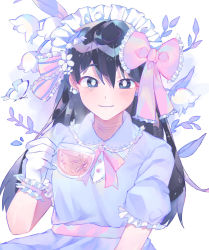Rule 34 | 1girl, alternate costume, black eyes, black hair, blush, bow, bright pupils, closed mouth, crying, crying with eyes open, cup, gloves, hair bow, highres, holding, holding cup, iro (mywife sunny), long hair, looking at viewer, mari (faraway) (omori), mari (omori), omori, pink bow, short sleeves, smile, solo, teacup, tears, white gloves, white pupils