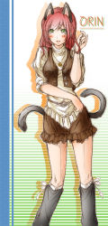 Rule 34 | 1girl, alternate costume, animal ears, apron, blush, cat ears, cat tail, character name, collarbone, green eyes, jewelry, kaenbyou rin, kemu inu, leg warmers, looking at viewer, necklace, pendant, red hair, short sleeves, skirt, solo, standing, tail, touhou, vest, waist apron