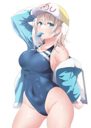Rule 34 | 1girl, absurdres, bare shoulders, baseball cap, blonde hair, blue eyes, blue sweater, butter curry, cardigan, collarbone, competition swimsuit, cowboy shot, gluteal fold, hair between eyes, hair ornament, hairclip, hat, highres, looking at viewer, love live!, love live! sunshine!!, one-piece swimsuit, open cardigan, open clothes, short hair, simple background, solo, sweater, swimsuit, thighs, watanabe you, whistle, whistle around neck, white background
