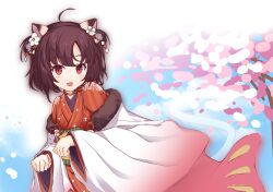 Rule 34 | 1girl, :d, absurdres, ahoge, animal ears, brown hair, cat ears, cat girl, cherry blossoms, coat, cowboy shot, dice choco, fang, flat chest, fur coat, highres, ichihime, japanese clothes, kimono, long sleeves, looking at viewer, mahjong, mahjong soul, mahjong tile, medium bangs, neck ribbon, off shoulder, open mouth, orange kimono, paw pose, pink coat, red eyes, red ribbon, ribbon, short hair, skin fang, smile, solo, striped clothes, striped kimono