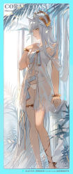 Rule 34 | 1girl, animal ears, ankle ribbon, arknights, bare shoulders, bikini, blue border, blunt bangs, border, bracelet, brown ribbon, closed mouth, feet out of frame, grey hair, hand on own chest, highres, horse ears, jewelry, laurel crown, leg ribbon, long hair, looking at viewer, official alternate costume, pillar, platinum (arknights), platinum (shimmering dew) (arknights), ribbon, see-through, solo, standing, swimsuit, swimsuit cover-up, thighlet, very long hair, white bikini, yellow eyes, zhanzhan lan