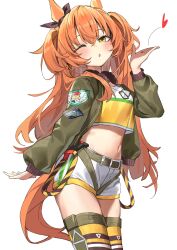 Rule 34 | 1girl, absurdres, animal ears, bow, brown bow, crop top, ear bow, green jacket, haruyuki (gffewuoutgblubh), heart, highres, horse ears, horse girl, horse tail, jacket, long hair, looking at viewer, mayano top gun (umamusume), midriff, navel, one eye closed, orange hair, shorts, simple background, solo, tail, umamusume, white background, white shorts