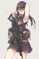 Rule 34 | adjusting hair, armband, armpits, arms behind head, ayyh, belt, black hair, contrapposto, gluteal fold, gun, highres, magazine (weapon), mouth hold, original, pleated skirt, red eyes, rifle, school uniform, simple background, skirt, solo, standing, utility belt, vest, weapon