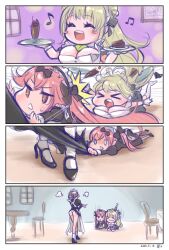Rule 34 | 3girls, 4koma, :d, ade (nikke), ass, assisted exposure, breasts, cake, cleavage, cocoa (nikke), comic, food, goddess of victory: nikke, green hair, high heels, highres, ice cream, large breasts, maid, maid headdress, multiple girls, musical note, open mouth, panties, pink hair, reiyu gadeteru (artist), smile, soda (nikke), tray, tripping, underwear, white panties