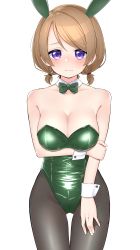 Rule 34 | 1girl, absurdres, alternate hairstyle, animal ears, arm under breasts, black pantyhose, bow, bowtie, breasts, brown hair, cleavage, commentary request, detached collar, gluteal fold, green bow, green bowtie, green leotard, highres, koizumi hanayo, large breasts, leotard, looking at viewer, love live!, love live! school idol project, low twintails, pantyhose, playboy bunny, purple eyes, rabbit ears, short hair, simple background, solo, standing, strapless, strapless leotard, sudou (s7 d8), thigh gap, twintails, white background, wrist cuffs