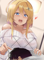 Rule 34 | + +, 1boy, 1girl, azur lane, black hair, blonde hair, blue eyes, breasts, cleavage, commander (azur lane), fang, hair ornament, hairclip, heart, highres, marblehead (azur lane), marblehead (charmer in the snowy reflection) (azur lane), multicolored hair, open mouth, out of frame, pink hair, smile, tonchinkan