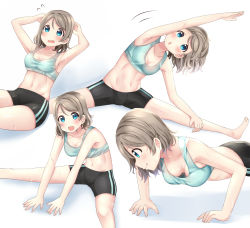 Rule 34 | 10s, 1girl, all fours, armpits, arms behind head, arms up, blue eyes, blush, breasts, cleavage, downblouse, exercising, flying sweatdrops, grey hair, hanging breasts, highres, large breasts, looking at viewer, love live!, love live! sunshine!!, midriff, mizukoshi (marumi), motion lines, navel, open mouth, push-ups, shadow, short hair, shorts, simple background, smile, solo, sports bra, stretching, sweat, tongue, tongue out, watanabe you, white background