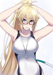 Rule 34 | 1girl, absurdres, arms up, black-framed eyewear, blonde hair, blue eyes, blush, breasts, closed mouth, collarbone, competition swimsuit, fate/grand order, fate (series), hair between eyes, highres, hoop, hula hoop, jeanne d&#039;arc (fate), jeanne d&#039;arc (ruler) (fate), jeanne d&#039;arc (swimsuit archer) (fate), jeanne d&#039;arc (swimsuit archer) (second ascension) (fate), large breasts, long hair, looking at viewer, nanakaku, one-piece swimsuit, open clothes, ponytail, simple background, smile, solo, swimsuit, tying hair, very long hair, whistle, white background, white one-piece swimsuit