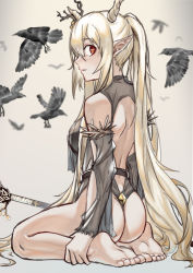 Rule 34 | 1girl, absurdres, arknights, ass, backless swimsuit, bare shoulders, barefoot, bird, black one-piece swimsuit, breasts, crow, full body, grey background, highres, holding leg, horns, long hair, looking at viewer, looking back, medium breasts, one-piece swimsuit, parted lips, pointy ears, ponytail, red eyes, renxzd, seiza, shining (arknights), shining (silent night) (arknights), shoulder blades, sidelocks, sideways mouth, simple background, sitting, soles, solo, swimsuit, toes, very long hair, wariza
