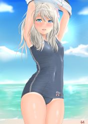 Rule 34 | 1girl, arms up, artist logo, beach, blue eyes, blue sky, character name, cloud, commentary request, covered navel, cowboy shot, day, flat chest, flower, hair flower, hair ornament, hiyama izumi (wttdh), horizon, japanese flag, kantai collection, looking at viewer, ocean, one-piece tan, outdoors, ro-500 (kancolle), school swimsuit, silver hair, sky, solo, swimsuit, tan, tanline, undressing, upper body