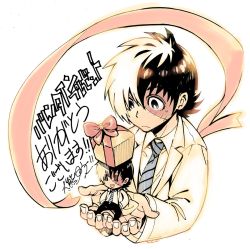 Rule 34 | 1boy, black hair, black jack (character), black jack (series), chibi, doctor, gift, highres, in palm, lab coat, looking at another, male focus, multicolored hair, necktie, official art, okuma yuugo, ribbon, scar, solo, split-color hair, striped necktie, striped neckwear, two-tone hair, white hair, young black jack, | |, || ||
