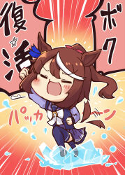Rule 34 | 1girl, 1koma, afterimage, animal ears, arm up, bow, bowtie, brown hair, chibi, clenched hands, comic, commentary request, emphasis lines, gradient background, hair bow, high ponytail, highres, horse ears, horse girl, horse tail, ice, long hair, long sleeves, motion lines, multicolored hair, navel, orange background, outline, pink bow, pleated skirt, purple sailor collar, purple shirt, purple skirt, purple thighhighs, red background, sailor collar, sailor shirt, school uniform, shirt, skirt, solo, soramuko, speech bubble, streaked hair, tail, tail wagging, thighhighs, tokai teio (umamusume), tracen school uniform, translated, twitter, two-tone hair, umamusume, white bow, white bowtie, white hair, winter uniform