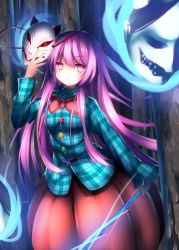 Rule 34 | 1girl, bow, bowtie, bubble skirt, expressionless, forest, fox mask, glowing, hata no kokoro, highres, long hair, long sleeves, looking at viewer, mask, minamina, nature, oni mask, pink eyes, pink hair, plaid, plaid shirt, polearm, shirt, sidelocks, skirt, solo, star (symbol), touhou, triangle, weapon