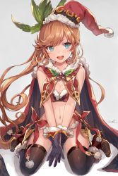 Rule 34 | 10s, 1girl, :d, artist name, between legs, bikini, black gloves, blue eyes, bobblehat, boots, breasts squeezed together, breasts, brown footwear, cape, christmas, clarisse (granblue fantasy), cleavage, cleavage cutout, clothing cutout, curly hair, dated, full body, fur cape, fur trim, gloves, granblue fantasy, hair ornament, hand between legs, hat, high heels, leaf hair ornament, long hair, looking at viewer, momoko (momopoco), navel, open mouth, orange hair, red bikini, red cape, santa hat, side-tie bikini bottom, sitting, small breasts, smile, solo, stomach, swimsuit, thighhighs, v arms, very long hair, wariza