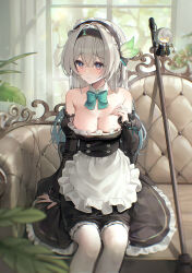 Rule 34 | 1girl, absurdres, alternate costume, apron, aqua bow, aqua bowtie, aqua hair, bare shoulders, black dress, bow, bowtie, breasts, character charm, charm (object), cleavage, couch, detached collar, detached sleeves, dress, enmaided, firefly (honkai: star rail), gradient hair, grey hair, hair between eyes, highres, honkai: star rail, honkai (series), indoors, long hair, long sleeves, looking to the side, lunia, maid, maid apron, multicolored eyes, multicolored hair, on couch, pantyhose, shoes, sitting, solo, stelle (honkai: star rail), sweat, traditional bowtie, trailblazer (honkai: star rail), white apron, white pantyhose