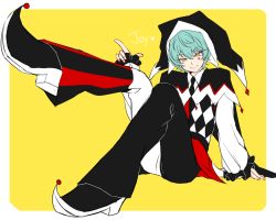 Rule 34 | 1boy, :&gt;, argyle, arm support, black necktie, blue hair, crossed legs, flat color, frilled sleeves, frills, full body, half-closed eyes, harlequin, hat, heart, heart tattoo, index finger raised, jester, jester cap, king of prism, king of prism by prettyrhythm, leg up, looking at viewer, male focus, necktie, okachimachi tsurugi, outside border, pointy footwear, pom pom (clothes), pretty rhythm, pretty series, simple background, solo, take no ko, tattoo, yellow background, yellow eyes