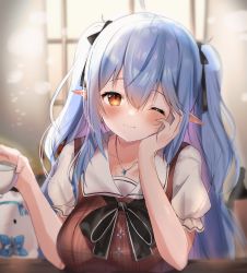 Rule 34 | 1girl, ;), absurdres, ahoge, black bow, black bowtie, black ribbon, blue hair, blush, bow, bowtie, breasts, brown dress, brown eyes, closed mouth, commentary, cup, dress, english commentary, hair between eyes, hair ribbon, hand on own cheek, hand on own face, head rest, highres, holding, holding cup, hololive, jewelry, large breasts, long hair, maru ccy, multicolored hair, necklace, one eye closed, pointy ears, ribbon, short sleeves, smile, solo, streaked hair, two side up, virtual youtuber, yukihana lamy, yukihana lamy (casual), yukimin (yukihana lamy)