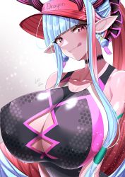 Rule 34 | 1girl, :q, absurdres, bare shoulders, black one-piece swimsuit, blue hair, blush, body markings, breasts, cleavage, collarbone, colored skin, earrings, fate/grand order, fate (series), grey skin, hat, highres, horns, huge breasts, ibuki douji (fate), ibuki douji (swimsuit berserker) (fate), ibuki douji (swimsuit berserker) (first ascension) (fate), jewelry, lee-taro, licking lips, long hair, looking at viewer, multicolored hair, one-piece swimsuit, oni, oni horns, pink hair, pink hat, pink one-piece swimsuit, pointy ears, ponytail, red eyes, sidelocks, smile, solo, swimsuit, tail, tongue, tongue out, two-tone swimsuit, visor cap