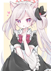 Rule 34 | 1girl, :o, alternate costume, animal ear fluff, animal ears, apron, black dress, blue archive, bow, brown background, cat ears, commentary request, dress, enmaided, frilled apron, frills, grey hair, halo, hand up, heart, heart-shaped pupils, highres, kemonomimi mode, long hair, looking at viewer, maid, maid headdress, mutsuki (blue archive), ni kiro, parted lips, puffy short sleeves, puffy sleeves, red bow, red eyes, short sleeves, side ponytail, solo, symbol-shaped pupils, two-tone background, very long hair, white apron, white background