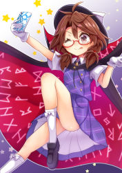 Rule 34 | &gt; o, 1girl, ;p, brown hair, cellphone, cloak, fedora, foot out of frame, glasses, gloves, hat, highres, keyaki chimaki, loafers, one eye closed, phone, plaid, plaid skirt, plaid vest, quimbaya airplane, runes, school uniform, selfie, shoes, short hair, short sleeves, skirt, smartphone, smartphone case, smile, socks, star (symbol), thighs, tongue, tongue out, touhou, usami sumireko, vest, white gloves, white socks