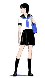 Rule 34 | 1girl, bag, black eyes, black footwear, black hair, black sailor collar, black skirt, black socks, blue neckerchief, closed mouth, contrapposto, highres, loafers, looking to the side, nazo no anime-dan, neckerchief, original, pleated skirt, profile, sailor collar, school bag, shoes, short hair, short sleeves, shoulder bag, simple background, skirt, socks, solo, standing, white background