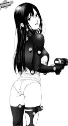 Rule 34 | 00s, ass, bodysuit, breasts, comic, from behind, gantz, greyscale, gun, highres, large breasts, long hair, looking back, monochrome, no pants, official art, oku hiroya, panties, scan, shimohira reika, simple background, smile, solo, standing, thighhighs, underwear, weapon