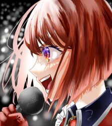 Rule 34 | 1girl, arima kana, arinko daitoryo, blush, bob cut, gloves, happy, holding, holding microphone, idol, idol clothes, inverted bob, looking to the side, microphone, music, open mouth, oshi no ko, red eyes, red gloves, red hair, red shirt, shirt, short hair, singing, smile, solo, stage lights