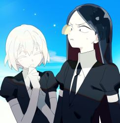 Rule 34 | 2others, ahn, androgynous, black eyes, black hair, blue sky, bort, bug, butterfly, butterfly on nose, diamond (houseki no kuni), elbow gloves, closed eyes, gem uniform (houseki no kuni), gloves, houseki no kuni, insect, laughing, long hair, multiple others, necktie, short hair, sky, smile, sweatdrop, white hair