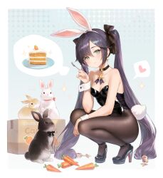 Rule 34 | 1girl, absurdres, adelie cat, alternate costume, animal ears, bare arms, bare shoulders, black choker, black footwear, black hair, black leotard, black pantyhose, blue background, border, box, breasts, brooch, cake, cake slice, carrot, choker, cleavage, closed mouth, commentary, earrings, fake animal ears, fake tail, food, fork, full body, genshin impact, green eyes, hairband, hand up, heart, high heels, highleg, highleg leotard, highres, holding, holding fork, jewelry, leotard, long hair, low twintails, mona (genshin impact), multicolored nails, nail polish, pantyhose, playboy bunny, ponytail holder, rabbit, rabbit ears, sidelocks, small breasts, solo, spoken heart, squatting, star (symbol), star earrings, strapless, strapless leotard, swept bangs, tail, thighs, twintails, very long hair, white border, white hairband, white wrist cuffs, wrist cuffs