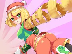 Rule 34 | 1girl, arms (game), ass, blonde hair, breasts, butt crack, cougar (cougar1404), from behind, gloves, green eyes, hat, looking at viewer, medium breasts, min min (arms), shiny clothes, short hair, shorts, sideboob, solo