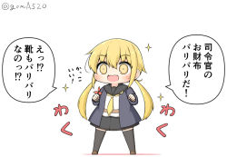 Rule 34 | 1girl, armband, black thighhighs, blonde hair, blue jacket, chibi, clenched hand, commentary request, crescent, crescent pin, full body, goma (yoku yatta hou jane), jacket, kantai collection, long hair, low twintails, neckerchief, open mouth, satsuki (kancolle), satsuki kai ni (kancolle), school uniform, serafuku, simple background, solo, standing, thighhighs, translation request, twintails, twitter username, wavy mouth, white background, yellow eyes, yellow neckerchief