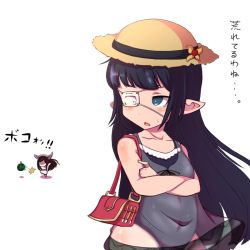 Rule 34 | 10s, 2girls, arulumaya, bag, belly, black hair, black ribbon, blue eyes, blush, breasts, bright pupils, collarbone, crossed arms, eyepatch, flower, food, fruit, granblue fantasy, handbag, harvin, hat, hat flower, kicking, long hair, lunalu (granblue fantasy), medical eyepatch, moccoss, multiple girls, navel, one-piece swimsuit, plump, pointy ears, ribbon, see-through, simple background, small breasts, solo focus, sun hat, sweatdrop, swimsuit, translation request, watermelon, white background