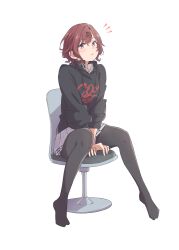 Rule 34 | 1girl, between legs, black hoodie, black pantyhose, chair, closed mouth, drawstring, eitopondo, hair ornament, hairclip, hand between legs, highres, higuchi madoka, hood, hoodie, idolmaster, idolmaster shiny colors, legs, light blush, looking at viewer, miniskirt, mole, mole under eye, no shoes, on chair, pantyhose, pink eyes, pleated skirt, red hair, short hair, simple background, skirt, sleeves pushed up, solo, swept bangs, white background, white skirt