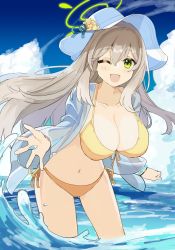 Rule 34 | 1girl, bikini, blonde hair, blue archive, blue sky, blush, breasts, cleavage, cloud, cloudy sky, collarbone, front-tie top, green eyes, halo, hat, highres, jacket, large breasts, long hair, long sleeves, looking at viewer, navel, nonomi (blue archive), nonomi (swimsuit) (blue archive), ocean, off shoulder, one eye closed, partially submerged, see-through, see-through skirt, shiduki eku, side-tie bikini bottom, skirt, sky, smile, solo, splashing, straight hair, sun hat, swept bangs, swimsuit, wading, white hat, yellow bikini