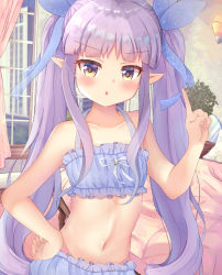 Rule 34 | 1girl, :o, absurdres, artist request, bare shoulders, bed, blue bra, blue panties, blue ribbon, blunt bangs, blush, bra, cinderella bust, collarbone, commentary request, cowboy shot, curtains, flat chest, frilled bra, frilled panties, frills, groin, hair ribbon, halterneck, hand on own hip, highres, index finger raised, indoors, kyoka (princess connect!), long hair, looking at viewer, midriff, multicolored eyes, navel, panties, plant, pointy ears, potted plant, princess connect!, purple eyes, purple hair, resolution mismatch, ribbon, sidelocks, solo, source smaller, standing, stomach, teren, twintails, underwear, underwear only, very long hair, wall, wall lamp, window, yellow eyes