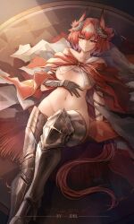 Rule 34 | 1girl, absurdres, arknights, armor, black gloves, bottomless, breasts, feather hair ornament, feathers, female pubic hair, fiammetta (arknights), fiammetta (divine oath) (arknights), gloves, hair ornament, highres, jdhlfire, looking at viewer, nipple slip, nipples, pubic hair, red eyes, red hair, thighs