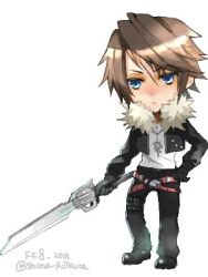 Rule 34 | 1boy, anniversary, belt, black footwear, black gloves, black jacket, black pants, blue eyes, brown hair, chibi, commentary request, copyright name, cropped jacket, crossed belts, expressionless, final fantasy, final fantasy viii, full body, fur-trimmed jacket, fur trim, gloves, gunblade, hand on own hip, holding, holding sword, holding weapon, jacket, jewelry, long sleeves, lowres, male focus, multiple belts, necklace, open clothes, open jacket, pants, scar, scar on face, shima (inukago), shirt, short hair, simple background, solo, squall leonhart, standing, sword, thigh strap, twitter username, weapon, white background, white shirt