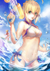 Rule 34 | 2girls, :d, :o, absurdres, ahoge, artoria pendragon (all), artoria pendragon (fate), artoria pendragon (swimsuit archer) (fate), artoria pendragon (swimsuit archer) (first ascension) (fate), bare arms, bare shoulders, bikini, blonde hair, blue ribbon, blue sky, breasts, cleavage, cloud, cowboy shot, day, fate/grand order, fate (series), finger on trigger, green eyes, hair between eyes, hair ribbon, hair tie, halterneck, highres, holding, looking at viewer, looking away, luobo carrot, mordred (fate), mordred (fate/apocrypha), multiple girls, navel, ocean, open mouth, outdoors, ponytail, red bikini, ribbon, saber (fate), short hair, short ponytail, side-tie bikini bottom, sidelocks, sky, small breasts, smile, stomach, surfboard, surfing, swimsuit, wading, water drop, water gun, white bikini