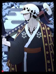 Rule 34 | black border, black hair, border, chest tattoo, chris re5, collarbone, earrings, facial hair, goatee, hat, japanese clothes, jewelry, long sideburns, one piece, profile, serious, sheath, sideburns, signature, solo, sword, tattoo, trafalgar law, tree, twitter username, weapon, white hat