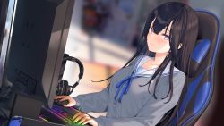 Rule 34 | 1girl, black hair, blue ribbon, blurry, blurry background, blush, breasts, chair, closed mouth, collarbone, commentary request, depth of field, eyebrows hidden by hair, gaming chair, headphones, highres, indoors, itohana, computer keyboard, large breasts, long hair, long sleeves, looking at viewer, monitor, neck ribbon, nintendo switch, original, purple eyes, ribbon, sailor collar, school uniform, sitting, smile, solo, swivel chair, upper body, white sailor collar