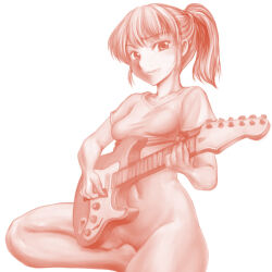 Rule 34 | 1girl, bottomless, breasts, guitar, highres, holding, holding instrument, holding plectrum, instrument, minamoto80486, monochrome, music, navel, original, playing instrument, plectrum, ponytail, red theme, shirt, short hair, short sleeves, simple background, sitting, small breasts, smile, solo, tied shirt, v-neck, white background