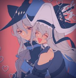 Rule 34 | 2girls, :d, ^ ^, arknights, ascot, bare shoulders, black dress, closed eyes, dress, fang, grey ascot, grey hair, hat, heart, highres, hug, long hair, looking at viewer, multiple girls, official alternate costume, open mouth, orz (kagewaka), red background, red eyes, simple background, skadi (arknights), smile, specter (arknights), specter the unchained (arknights), upper body, very long hair, yuri