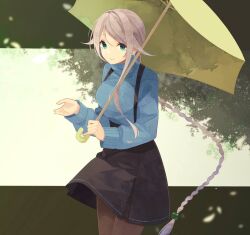 Rule 34 | 1girl, black skirt, blue eyes, blue sweater, braid, breasts, brown pantyhose, closed mouth, commentary request, grey hair, hair flaps, highres, holding, holding umbrella, kantai collection, long hair, long sleeves, looking at viewer, medium breasts, pantyhose, shakemi (sake mgmgmg), single braid, skirt, solo, sweater, turtleneck, turtleneck sweater, umbrella, umikaze (kancolle), very long hair