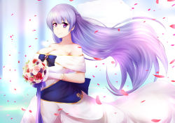 Rule 34 | 1girl, azur lane, bare shoulders, blush, bouquet, braid, breasts, bridal veil, cleavage, closed mouth, commentary request, dress, earrings, floating hair, flower, heart, heart earrings, highres, holding, holding bouquet, ibara azuki, jewelry, large breasts, light purple hair, long hair, looking at viewer, petals, purple eyes, rodney (azur lane), rose, rose petals, smile, solo, veil, very long hair, wedding dress
