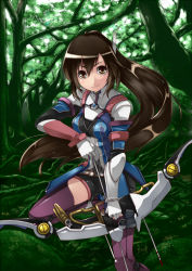 Rule 34 | 1girl, aize, arrow (projectile), bow (weapon), brown eyes, brown hair, forest, holding, holding weapon, impossible clothes, impossible shirt, long hair, looking at viewer, nature, saionji reimi, shirt, solo, star ocean, star ocean the last hope, weapon