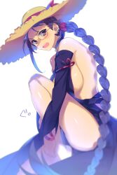 Rule 34 | 1girl, bare shoulders, black one-piece swimsuit, black shorts, blush, braid, braided ponytail, breasts, brown eyes, brown hair, choker, detached sleeves, earrings, echo (circa), fate/grand order, fate (series), hair ornament, hair scrunchie, halterneck, hat, jewelry, large breasts, long hair, long sleeves, looking at viewer, one-piece swimsuit, open mouth, ribbon trim, scrunchie, short shorts, shorts, sideboob, solo, straw hat, swimsuit, thighs, very long hair, yu mei-ren (fate), yu mei-ren (festival outfit) (fate)