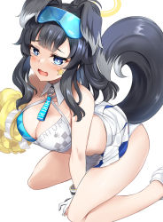 Rule 34 | 1girl, absurdres, animal ears, bare shoulders, bike shorts, black hair, black shorts, blue archive, blush, breasts, cheerleader, cleavage, dog ears, dog girl, dog tail, eyewear on head, gloves, goggles, goggles on head, halo, hibiki (blue archive), hibiki (cheer squad) (blue archive), highres, hinata sora, holding, holding pom poms, kneeling, large breasts, long hair, looking at viewer, midriff, millennium cheerleader outfit (blue archive), open mouth, pom pom (cheerleading), pom poms, ponytail, shorts, shorts under skirt, skirt, solo, sticker on arm, sticker on face, tail, thighs, white gloves